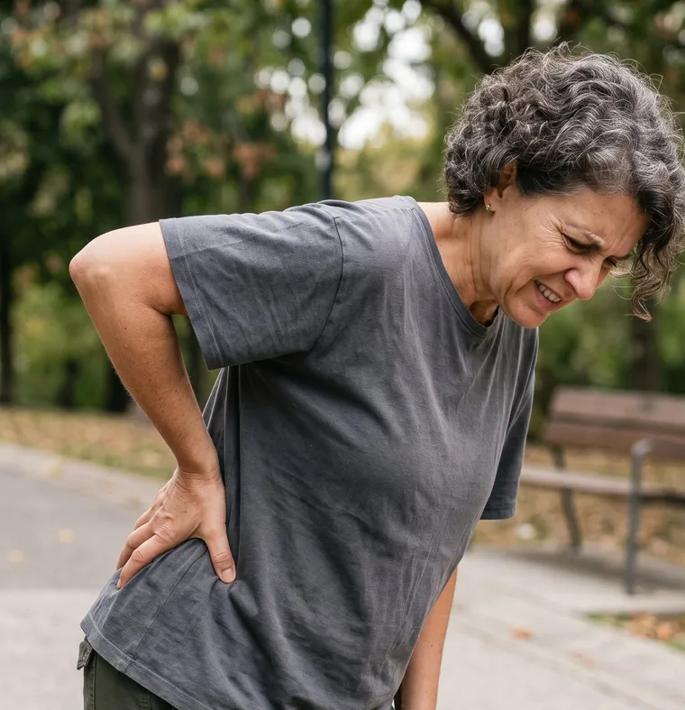 A person outdoors with a hand on their lower back, representing sciatica and low back pain