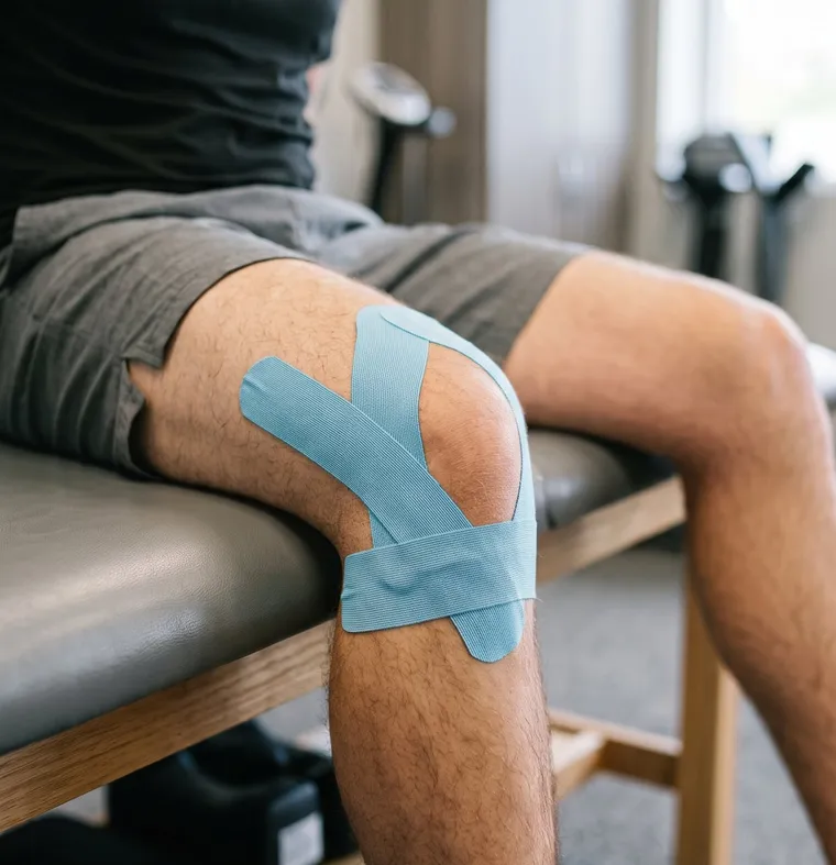 An athlete's knee with kinesiology tape on a treatment table, representing sports injury rehabilitation